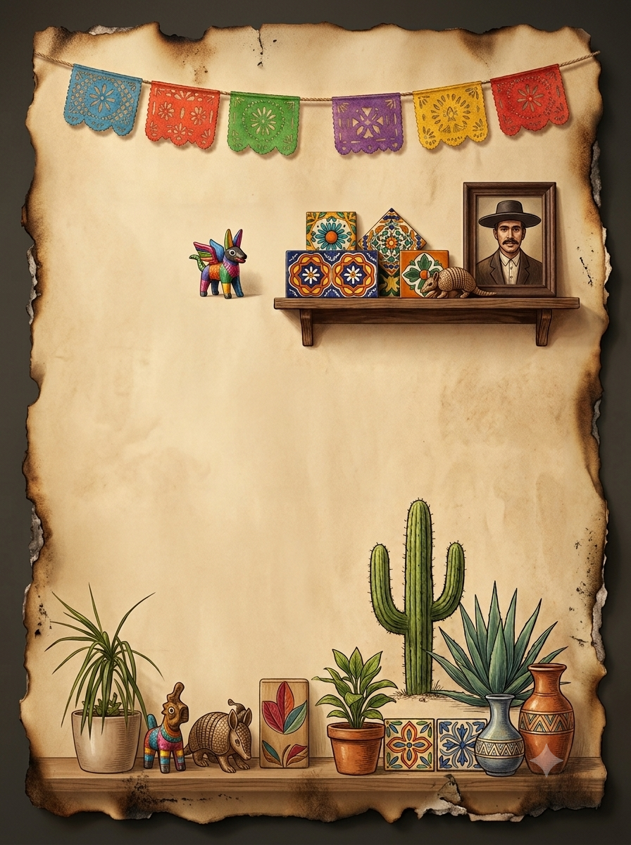 Mexican folk-art parchment wall: papel picado banners, Talavera tiles, alebrijes, cactus and clay pots