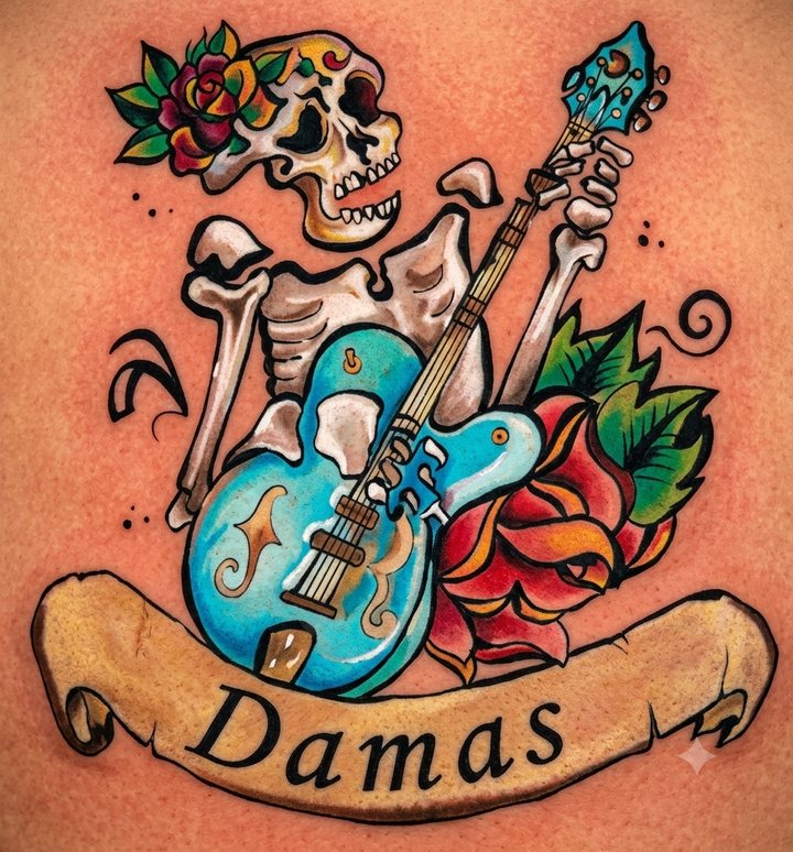 Skeleton playing a blue guitar beside a red rose, with a Damas banner