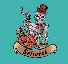 Skeleton in a top hat holding a drink beside a red rose, with a Señores banner